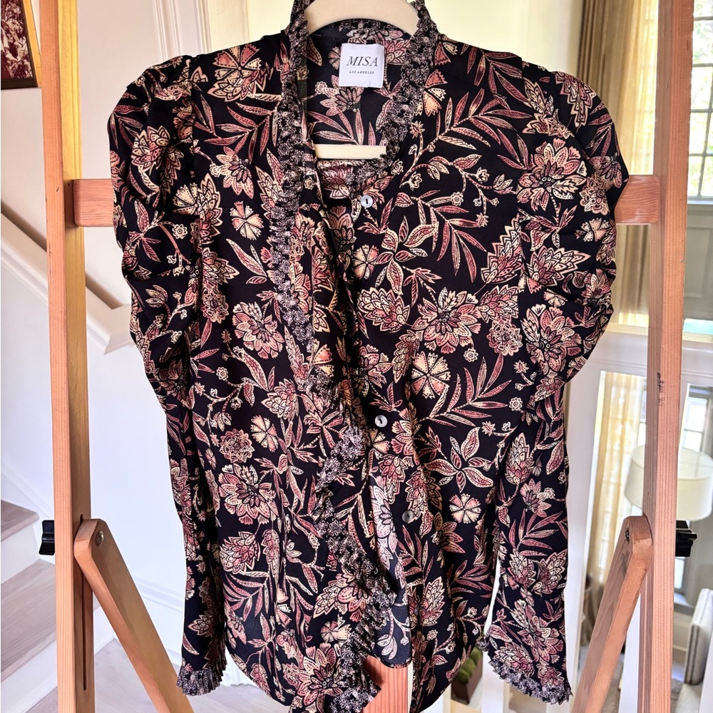 Misa Los Angeles Black and Pink Floral Blouse